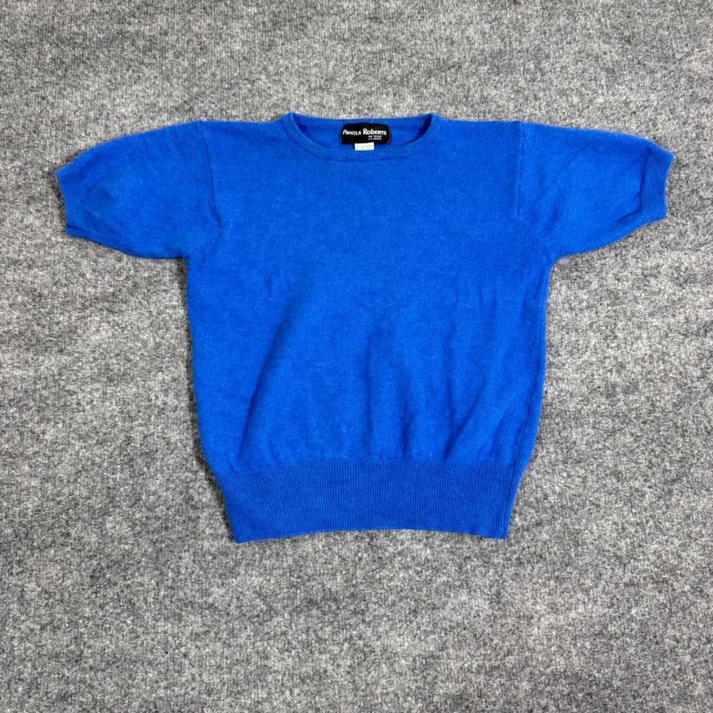 Pamela Roberts Short Sleeve Crewneck Sweater Womens S Blue Lambswool Angora EUC